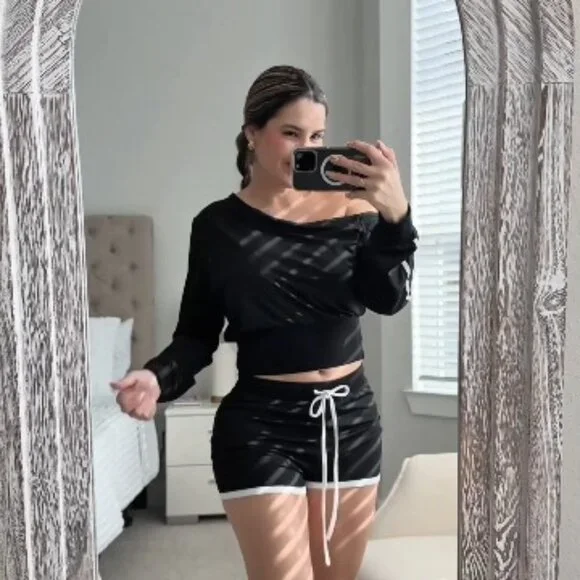 Off Shoulder Lounge Set Long Sleeve Top Shorts Two Piece Tracksuit Chic